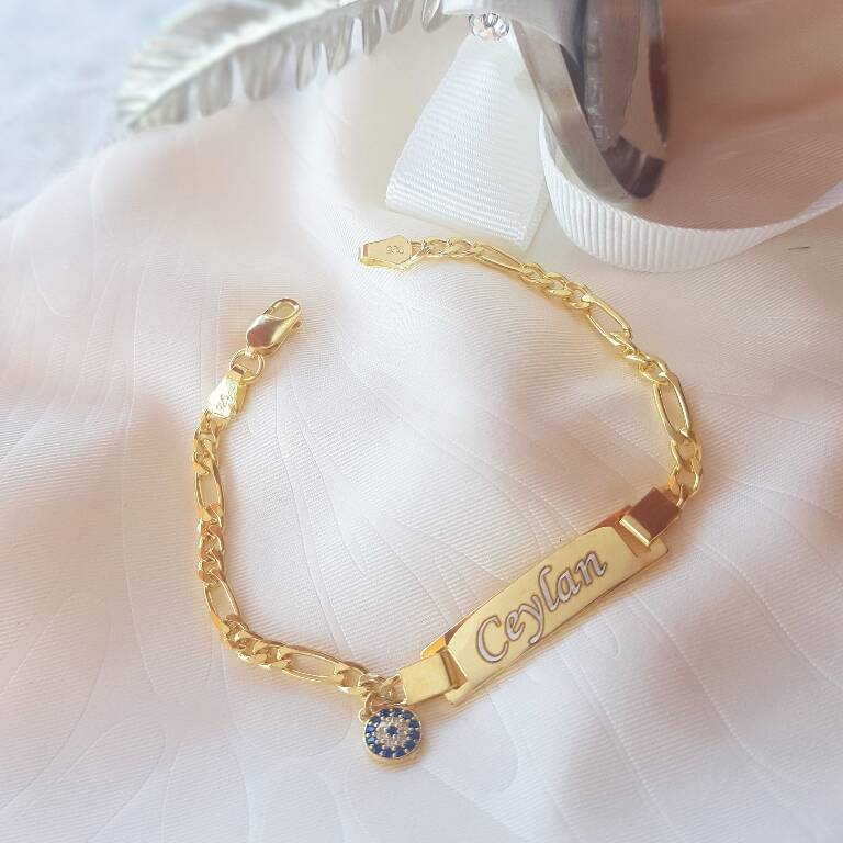 Vaoov Gümüş Kişiye Özel İsimli Nazar Çocuk ve Bebek Bileklik   - 1