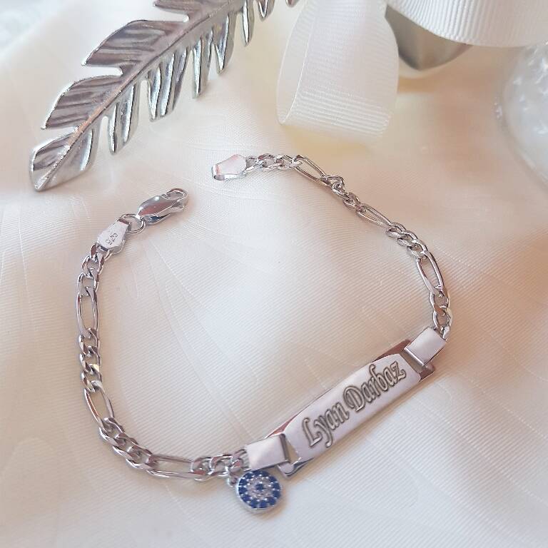 Vaoov Gümüş Kişiye Özel İsimli Nazar Çocuk ve Bebek Bileklik   - 2