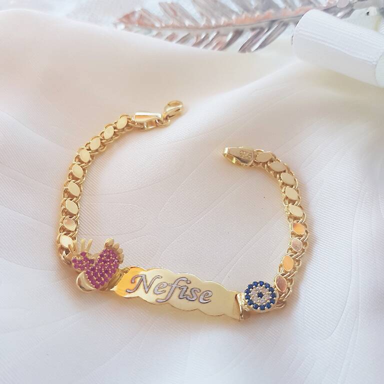 Vaoov Gümüş Kişiye Özel İsimli Nazar Çocuk ve Bebek Bileklik   - 1