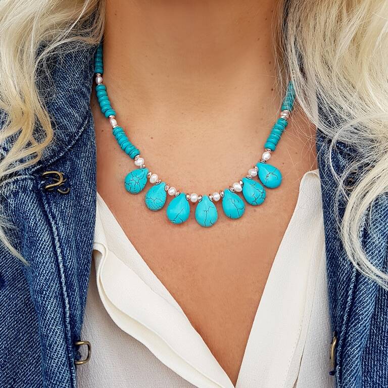 Vaoov İnci ve Firuze Taşlı Gümüş Kolye - 1