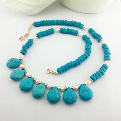 Vaoov İnci ve Firuze Taşlı Gümüş Kolye - 2