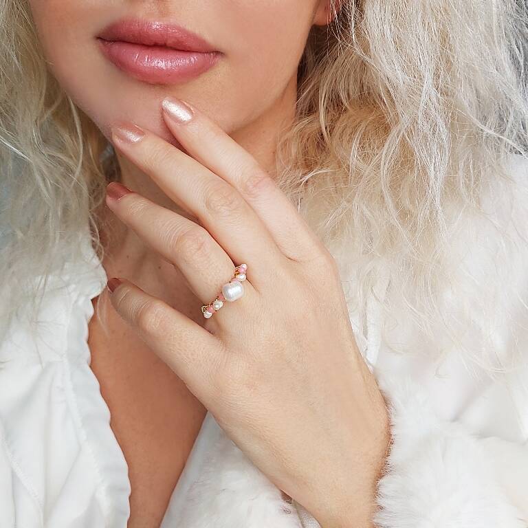 Vaoov İnci ve Mercan Taşlı Altın Kaplama Yüzük - 1