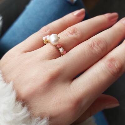 Vaoov İnci ve Mercan Taşlı Altın Kaplama Yüzük - 2