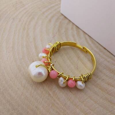 Vaoov İnci ve Mercan Taşlı Altın Kaplama Yüzük - 3