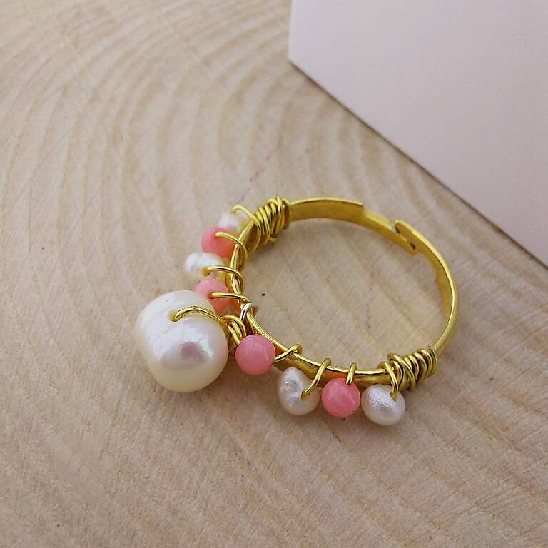 Vaoov İnci ve Mercan Taşlı Altın Kaplama Yüzük - 3