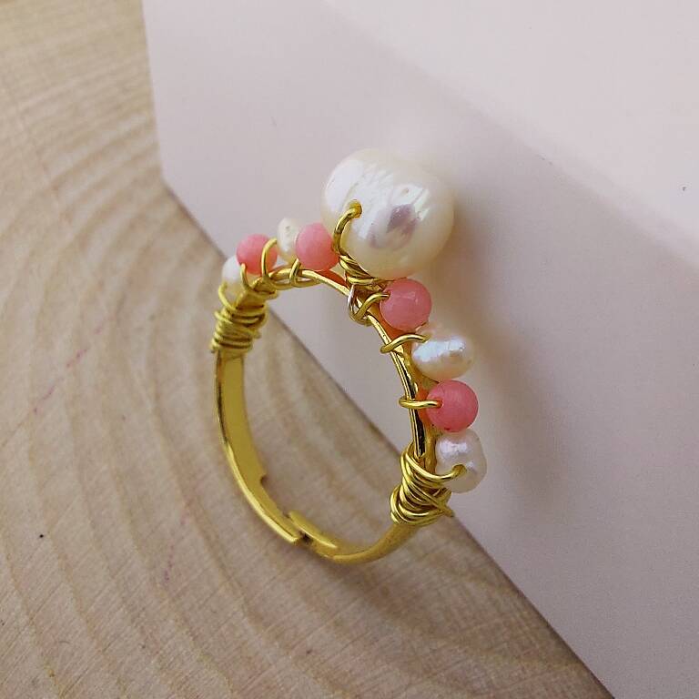 Vaoov İnci ve Mercan Taşlı Altın Kaplama Yüzük - 4