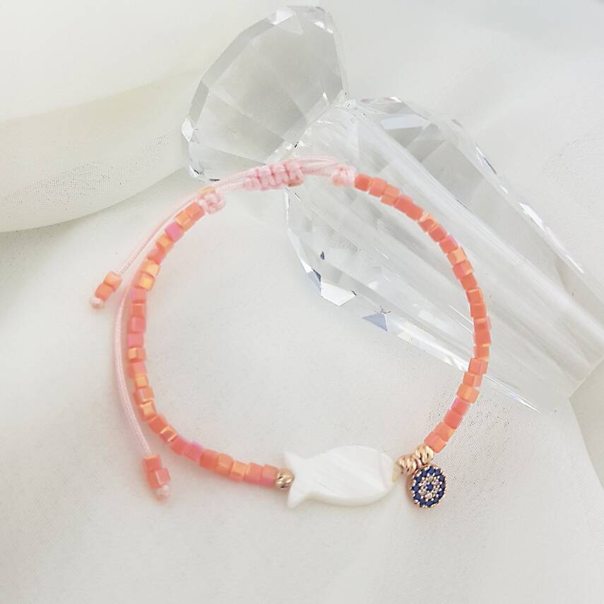 Vaoov Sedef Balık ve Renkli Boncuklu Gümüş Bileklik  - 2